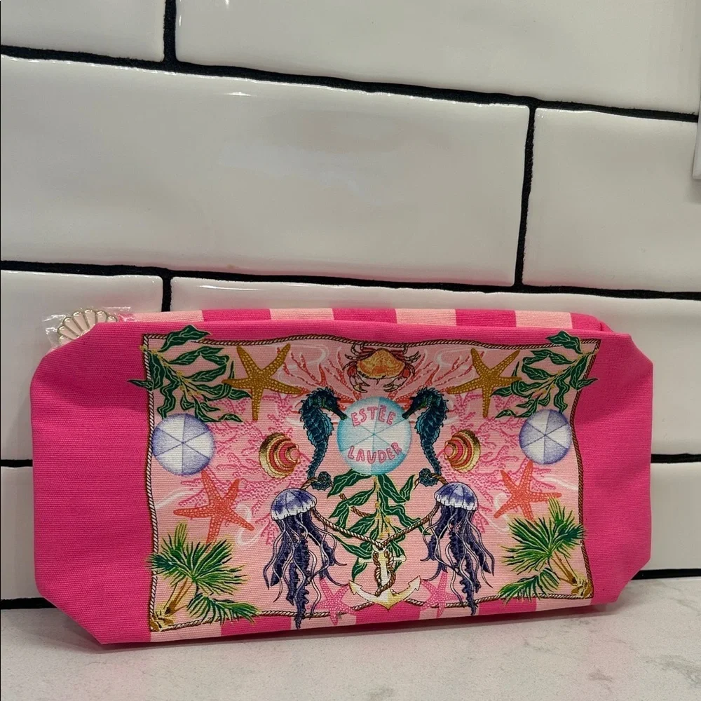 Estee Lauder Vibrant Pink Seahorse Coastal Beach Multicolor Cosmetic Bag NWOT‎